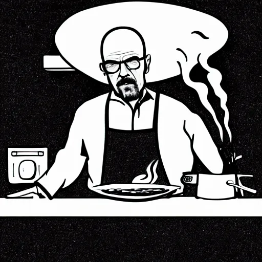 Image similar to black and white pencil sketch cartoon drawing of walter white cooking a pizza with a blowtorch