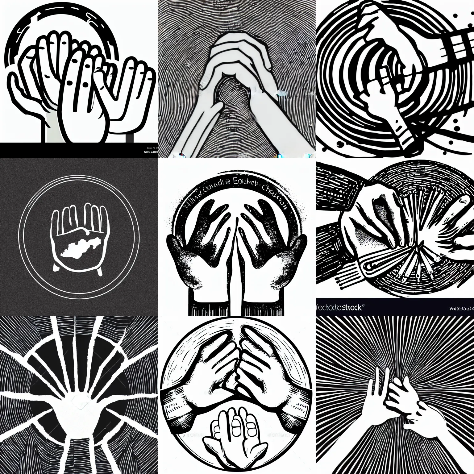 Prompt: a logo of hands around earth with guitar and paint brush, simple lineart, black and white, vector