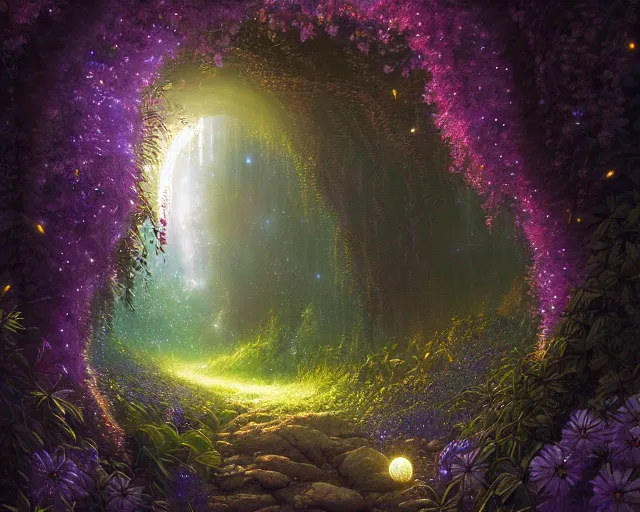 Prompt: sparkling cosmic flower tunnel, radiant light, fireflies, moonlight, celestial scenery, volumetric lighting, ferdinand knab, alena aenami, artstation