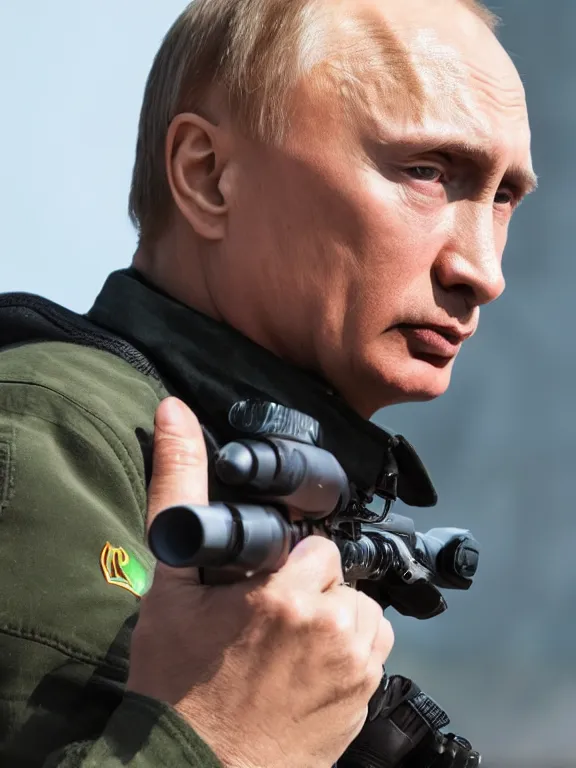 Prompt: 4K HD, high detail photograph, shot with Sigma f/ 4.2 , 250 mm sharp lens, shallow depth of field : (subject= angry looking Vladimir Putin holding a sniper gun + subject detail= accurate body features, consistent, high detailed light refraction , high level texture render)