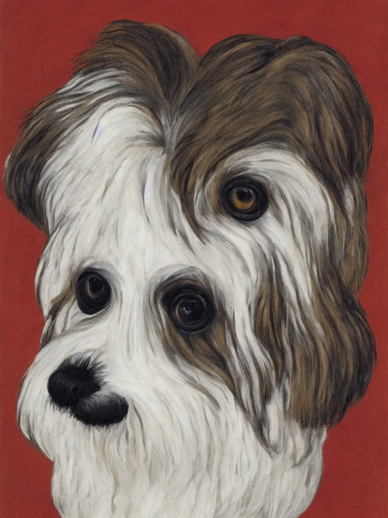 Prompt: self portrait of a cream colored havanese dog with strong eyebrows, by frieda kahlo