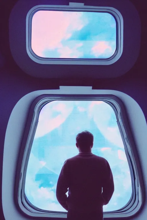 Image similar to agfa vista 4 0 0 photograph of a guy in a spaceship looking out a window into space, back view, synth vibe, vaporwave colors, lens flare, moody lighting, moody vibe, telephoto, 9 0 s vibe, blurry background, grain, tranquil, calm, faded!,