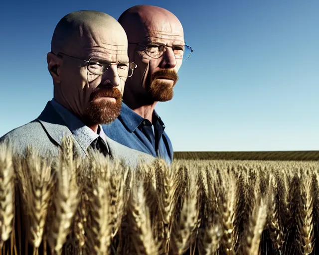 Prompt: extreme long shot of walter white and gustavo fring standing facing each other from a distance in a wheat field, low angle, side view, 8 5 mm photograph, 8 k resolution, wide shot, sharp lens, high detail, cinematic