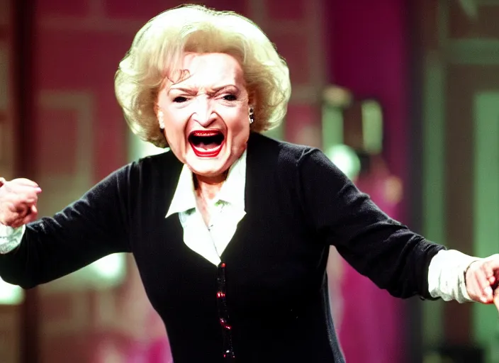 Image similar to publicity photo still of betty white as a gangsta rapper live on stage, 8 k, live concert lighting, mid shot