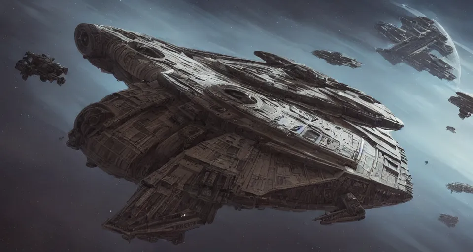 Image similar to a highly detailed epic cinematic concept art CG render digital painting artwork: very simple symmetrical Soviet dieselpunk Millenium Falcon in empty darkness of space. By Greg Rutkowski, Ilya Kuvshinov, WLOP, Stanley Artgerm Lau, Ruan Jia and Fenghua Zhong, trending on ArtStation, subtle muted cinematic colors, made in Maya, Blender and Photoshop, octane render, excellent composition, cinematic atmosphere, dynamic dramatic cinematic lighting, precise correct anatomy, aesthetic, very inspirational, arthouse