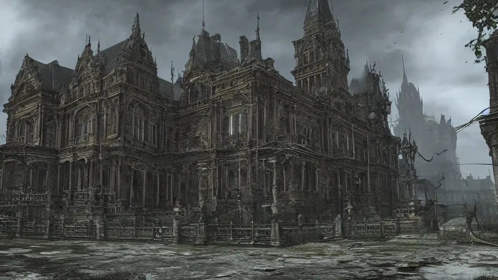 Image similar to victorian era architecture based city, abandoned, crawling with beasts, bloodborne, yarhnam