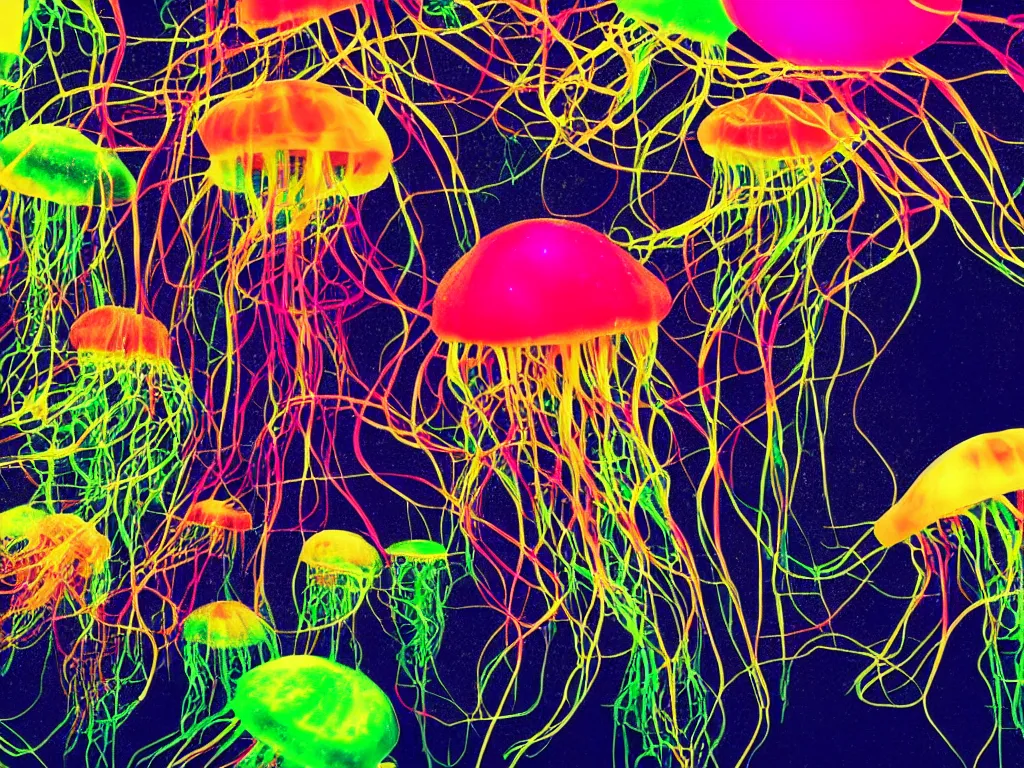 Prompt: side view a group of hamburger mix jellyfish growing form tree branch, 8 k, surrealistic, sharp focus, super resolution, c 4 d, pop art, highly quality penetrating feeling bright light, cg, cyberpunk, style by andy warhol
