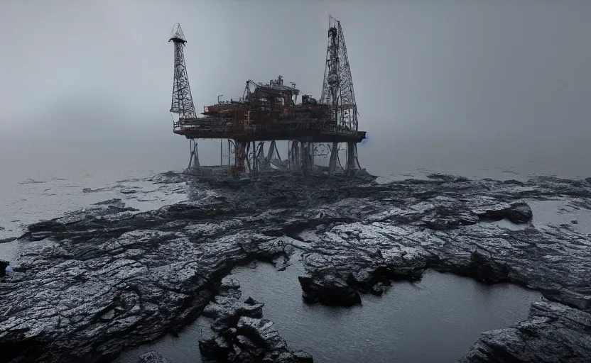 Prompt: old offshore oil rig, directed by charlie kaufman ( 2 0 0 1 ) anamorphic lenses, a rocky shore in the foreground, foggy volumetric light morning, a beam of light from the heavens, cinematic trending on artstation in the style of greg rutkowski