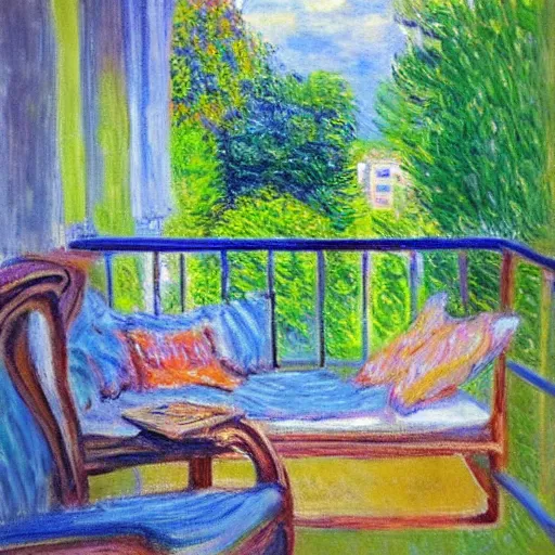 Prompt: “sunlit balcony with outdoor sofa, backgammon, a pair of shoes, peaceful, nostalgic, in the style of Monet”