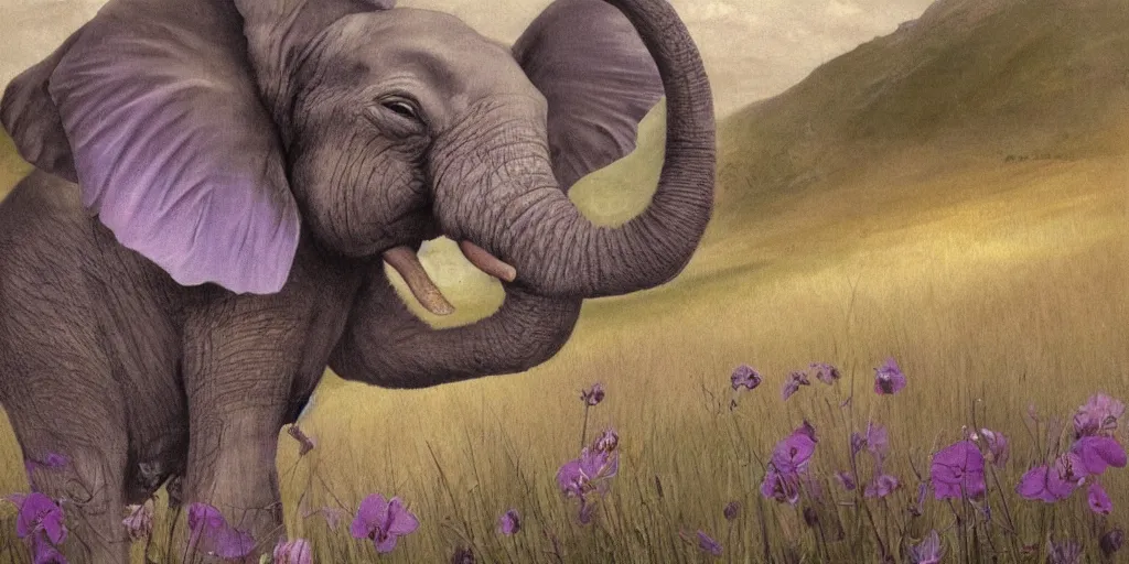 Image similar to purple elephant running in meadow, close up, raining, mountain behind meadow, menacing, illustration, detailed, smooth, soft, cold, by Adolf Lachman, Shaun Tan, Surrealism