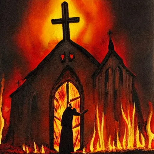 Image similar to priest on knees in front of burning church, gothic art, color, emotional, sad, dramatic, detailed