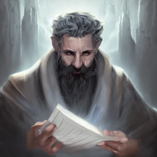Image similar to a detailed matte painting of a sly older sorcerer, with a small beard, salt and pepper hair, portrait by charlie bowater, lise deharme, wlop, tending on arstation, dungeons and dragon, dnd, pathfinder, fanart