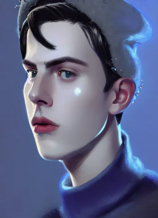 Image similar to portrait of teenage jughead jones wearing a light grey crown, crown, blue turtleneck, 1 9 5 0 s, closed eyes, photorealistic, black hair, glowing lighting, intricate, elegant, glowing lights, highly detailed, digital painting, artstation, concept art, smooth, sharp focus, illustration, art by wlop, mars ravelo and greg rutkowski