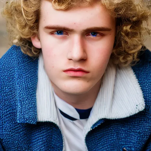 Image similar to close up of 1 8 year old man with wavy / curly light blonde hair, blue eyes, pale complexion, wearing 1 9 5 0 s clothing, 8 5 mm f / 1. 4