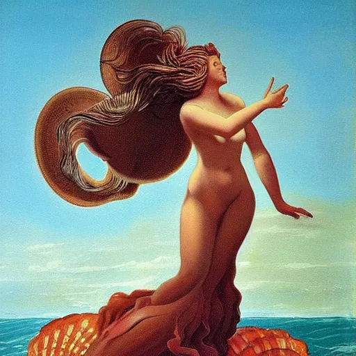 Image similar to The painting depicts the moment when the goddess Venus is born from the sea. She is shown standing on a giant clam shell, with her long, flowing hair blowing in the wind. The painting is full of light and color, and Venus looks like she is about to step into a beautiful, bright future. outrun, copper verdigris by Max Dupain, by Bruce Timm 3d render