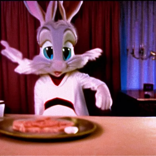 Image similar to Film still of Bugs Bunny in Twin Peaks (1990 TV Series, David Lynch), eerie, ominous, the black lodge (Twin Peaks)