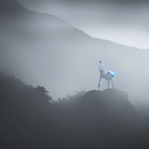 Image similar to a bone dragon sitting on a mountain, Mist, fog,
