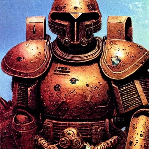 Image similar to space marine in dark plated armor concept, wearing ancient war helm, beksinski