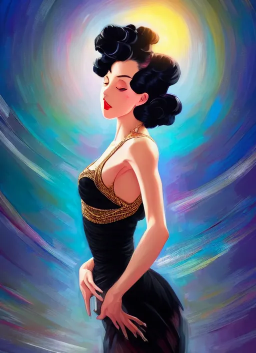 Image similar to a beautiful dancer with black hair in 1940's fashion, ballroom background, intricate, highly detailed, digital painting, artstation, official media, anime key visual, concept art, rich vivid colors, ambient lighting, sharp focus, illustration, art by Artgerm, Makoto Shinkai, Ilya Kuvshinov, Lois Van Baarle, and Rossdraws