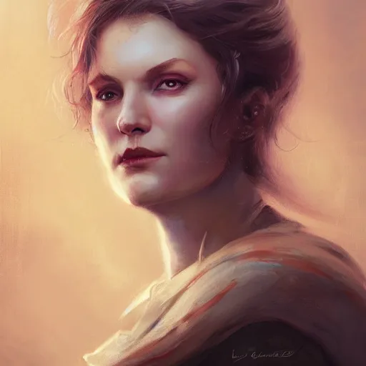 Image similar to a detailed matte head - on portrait painting of an middle - aged half - tiefling noblewoman with golden eyes and short well kept hair, by charlie bowater, lise deharme, wlop, tending on arstation, dungeons and dragon, dnd, pathfinder, fanart, oil on canvas