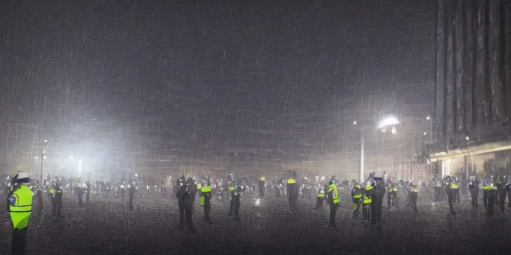 Prompt: a lot of policemen protect a huge spiral - shaped luminous object right in the center of the city from protesting people, night, rain and light fog, professional lighting, concept art in 3 d, high detail, professional lighting