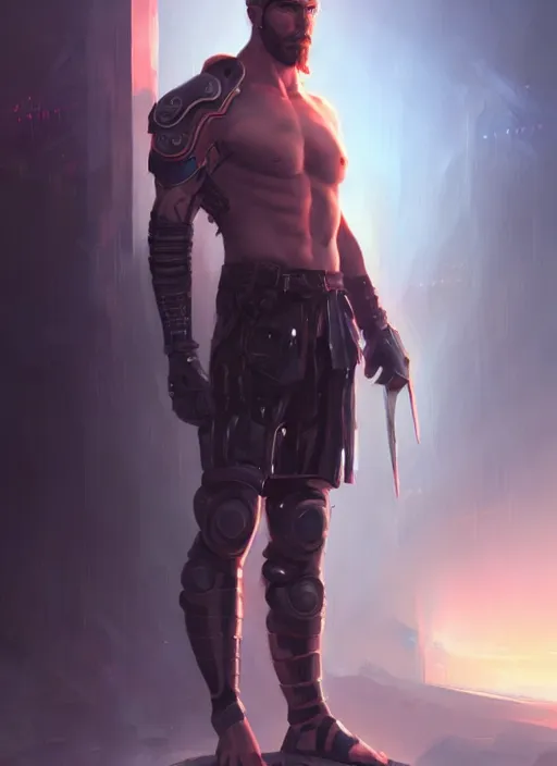 Image similar to « a full length portrait of a muscular cyberpunk male warrior, jesus, glowing eyes, a digital painting by charlie bowater, featured on cgsociety, fantasy art, behance hd, wiccan, artstation hd »