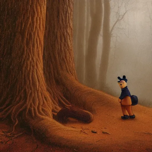 Image similar to highly detailed portrait of winnie the pooh ((winnie the pooh)) near a giant fallen sequoia tree. Fog. Painting by Caspar David Friedrich,Caravaggio, 4k, sepia tone