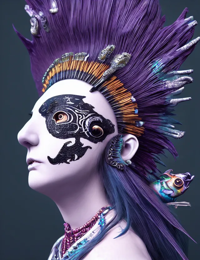 Image similar to 3 d goddess close - up profile portrait punk with mohawk with ram skull. beautiful intricately detailed japanese crow kitsune mask and clasical japanese kimono. betta fish, jellyfish phoenix, bio luminescent, plasma, ice, water, wind, creature, artwork by tooth wu and wlop and beeple and greg rutkowski