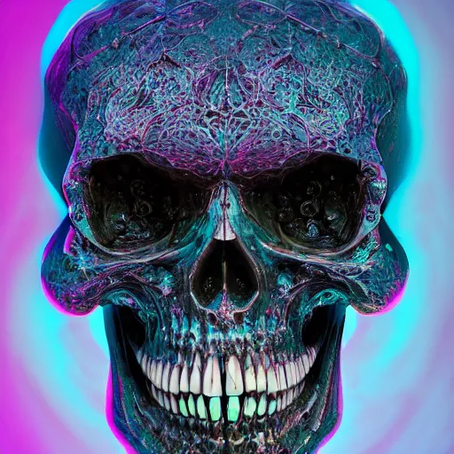 Prompt: portrait_of_a_melting_liquid_skull._intricate_abstract._intricate_artwork._by_Tooth_Wu_wlop_beeple_dan_mumford._octane_render_trending_on_artstation suitable for album cover artwork