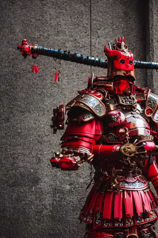 Prompt: photography of a mechanical dragon samurai in red japanese armor taken with Leica M11