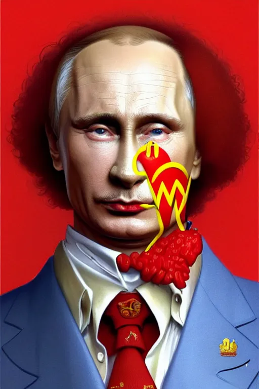 Image similar to vladimir putin as ronald mcdonald, 2 d portrait, symmetrical, highly detailed, digital painting, artstation, concept art, smooth, sharp focus, illustration, cinematic lighting, art by artgerm and greg rutkowski and alphonse mucha