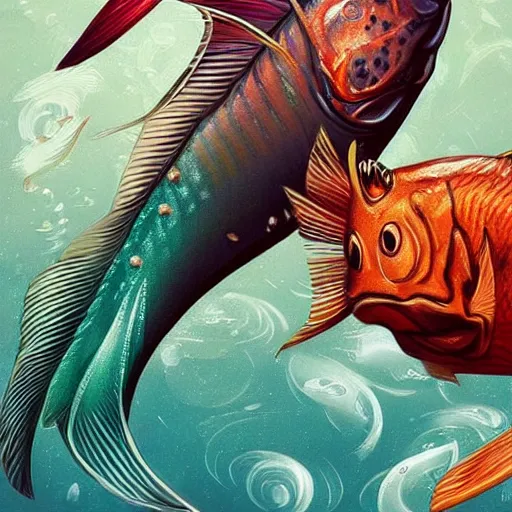 Prompt: an ugly fish eating an ugly fish, illustration, ultra detailed, in the style of artgerm, trending on artstation