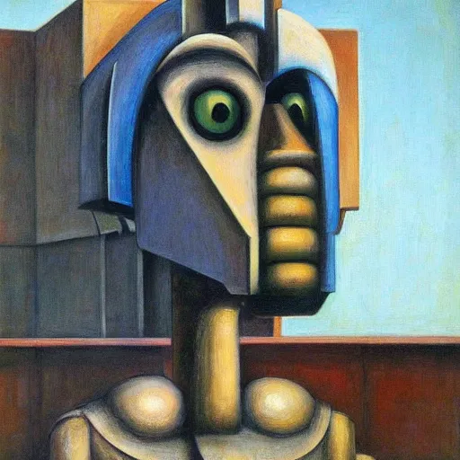 Prompt: brutalist giant sacred robot visage, portrait, cathedral, dystopian, pj crook, edward hopper, oil on canvas