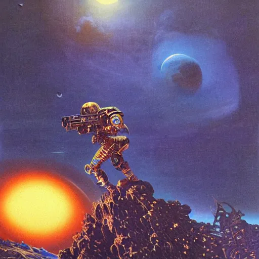 Image similar to space marines vs giant snakes, crater moon, vintage sci - fi art, by bruce pennington