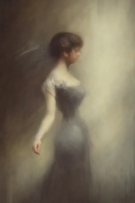 Image similar to detailed cinematic moody colors studio portrait of a victorian lady with a sensual pose with a blurred face high quality by jeremy mann, only one head single portrait
