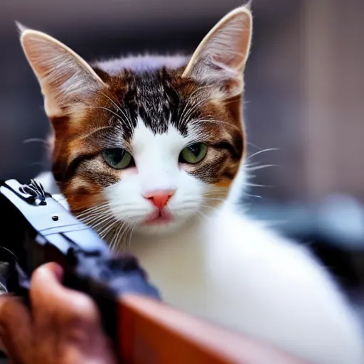 Prompt: a very cute cat holding a shotgun to the camera