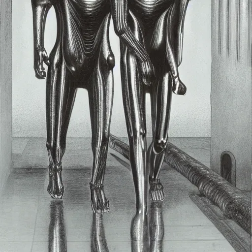 Image similar to a couple of humans walking across a metallic bridge, by h. r. giger