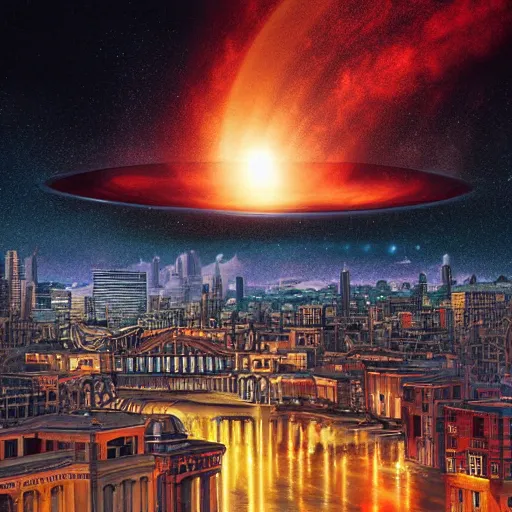 Prompt: black hole rising above city, digital art, art by gonzalo fuenmayor, asher brown durand