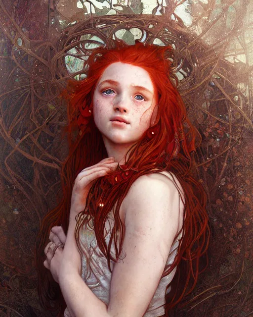 Image similar to portrait of 1 4 - year - old girl with flaming red hair, a lot of freckles, and bright brown eyes, wearing shirt, hyper realistic face, beautiful eyes, fantasy art, in the style of greg rutkowski, intricate, alphonse mucha, hyper detailed, smooth