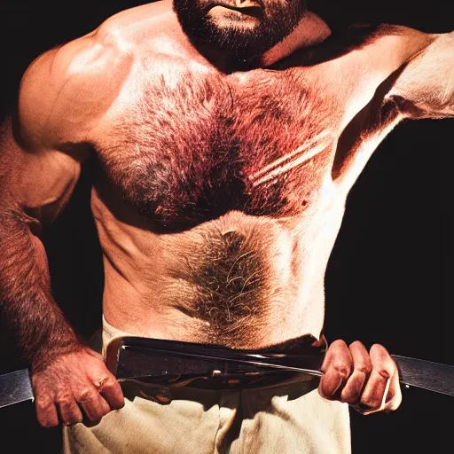 Prompt: the wolverine, butcher, full body shot by yousuf karsh, golden hour, realistic, body shot, sharp focus, 8 k high definition, insanely detailed, intricate, elegant