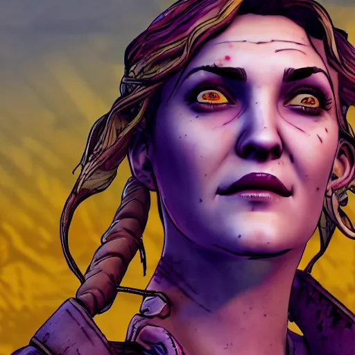 Image similar to drew barrymore portrait, borderlands, tales from the borderlands, the wolf among us, comic, cinematic lighting, studio quality, 8 k