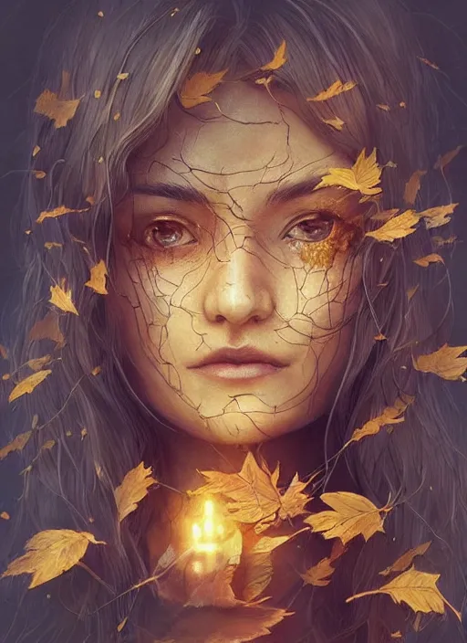 Image similar to golden leaves at frame border, creative!!! composition for a book cover!!!, absurdly beautiful, ultrafine hyperrealistic detailed old witch face by wlop and artgerm and greg rutkowski, intricate linework, sharp focus, smooth, octopath traveler, final fantasy, unreal engine, dramatic lighting, ethereal, 8 k