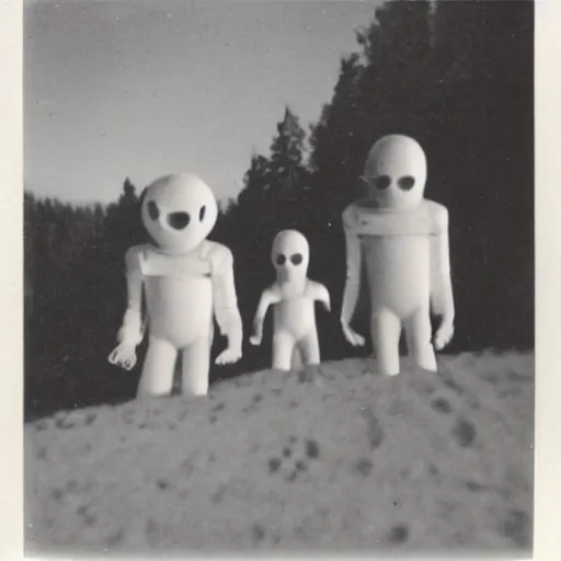 Image similar to polaroid photograph of horrorific extraterrestrial beings visiting earth, 1 9 5 0