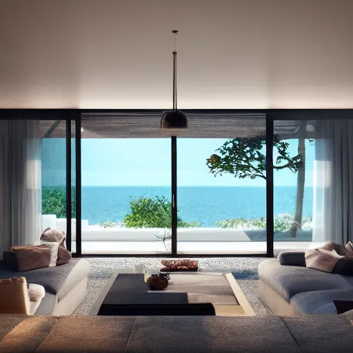 Image similar to contemporary villa interior, living room with a view of the sea, photorealistic, cinematic, volume light, rendered in octane, artstation