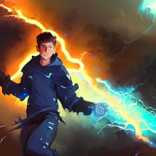 Prompt: a teen boy with glowing blue eyes sparkling with blue lightning in emotional turmoil. sparks. electricity. digital art. fantasy. matte painting sharp focus. action pose. dynamic poses. highly detailed. uhd. by repin. krenz cushart tianhua xu