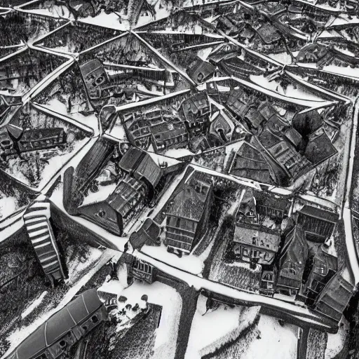 Image similar to an ultra detailed black and white tarot card of the quaint town of galic, grid shaped city cobblestone streets, fantasy city, the morning after a heavy snowfall, wind, inspiring gothic architecture, ultrawide lense, aerial photography, unreal engine, exquisite detail, 8 k, art by greg rutkowski and alphonse mucha