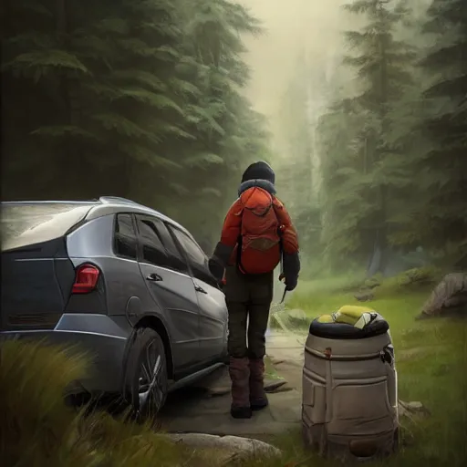 Prompt: hiker unloading the car before camping, by roman shipunov, cgsociety, cynical realism, fantasy art, 2 d game art
