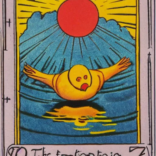 Image similar to the sun tarot card by freida harris, 1 9 5 0 s rubber duck floating on astral plane, 3 d render unreal engine