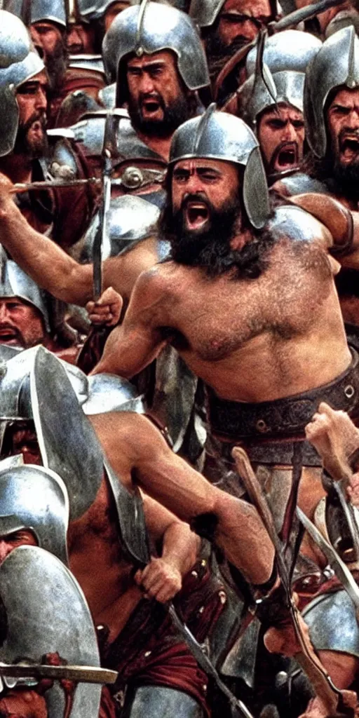 Image similar to Danny Devito as Leonidas, with Leonidas beard, leading Spartans into battle at Battle of Thermopylae, in screenshot from the 300 movie