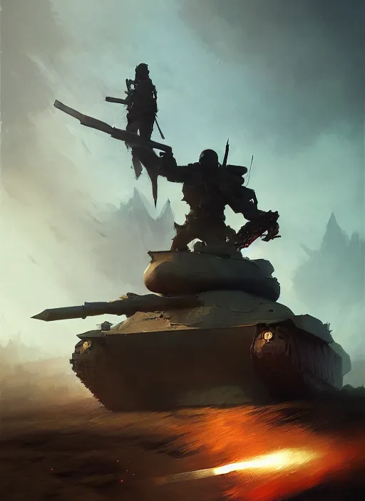 Image similar to a filipino fighter holding a scepter standing next to a tank, fantasy, digital painting, volumetric light, intricate, sharp, focus, bloom, illustration, highly detailed, concept art, matte, ruan jia and greg rutkowski, masterpiece